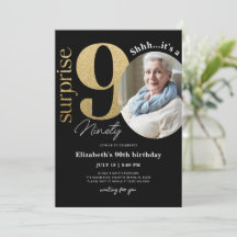 Surprise 90th Black Gold Birthday Invitation Foto