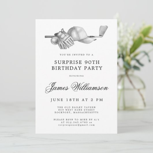 SURPRISE 90th Verjaardagsfeest Golf Thema Kaart (Staand voorkant)