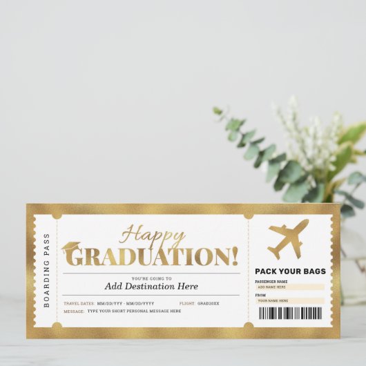 Surprise Afstudeer Boordpas Gouden Cadeaubiljet Kaart (Staand voorkant)