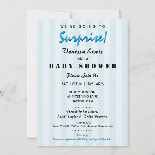 Surprise Baby shower Blue Stripes Invitation Kaart (Voorkant)