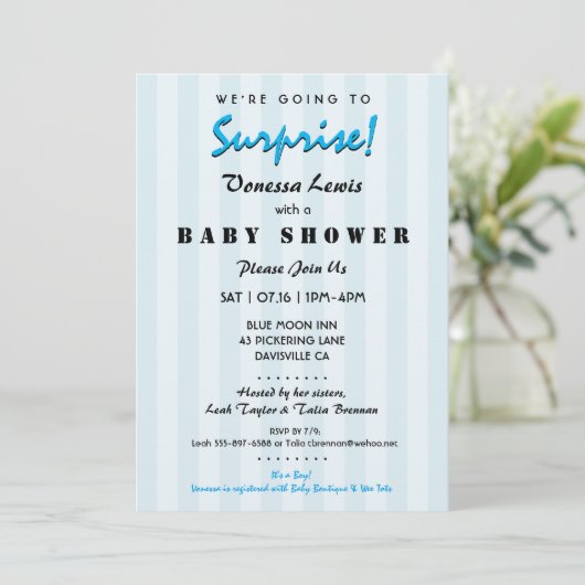 Surprise Baby shower Blue Stripes Invitation Kaart (Staand voorkant)