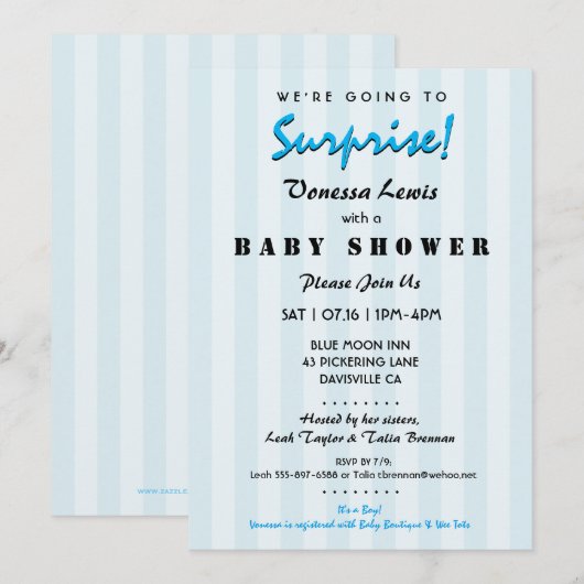 Surprise Baby shower Blue Stripes Invitation Kaart (Voorkant / Achterkant)