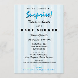 Surprise Baby shower Blue Stripes Invitation Kaart