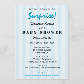 Surprise Baby shower Blue Stripes Invitation Kaart