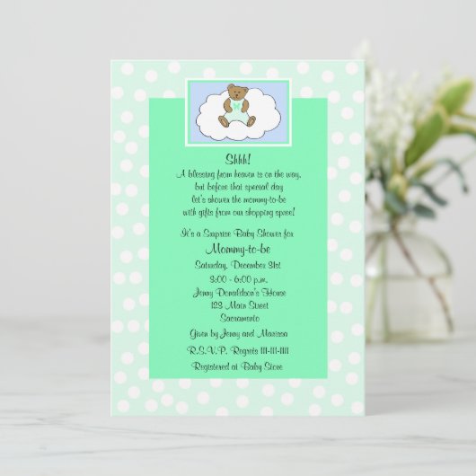 Surprise Baby shower Invitation - Teddy op groen Kaart (Staand voorkant)