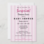 Surprise Baby shower Pink Stripes Invitation Kaart (Voorkant)