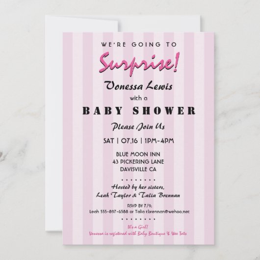 Surprise Baby shower Pink Stripes Invitation Kaart (Voorkant)