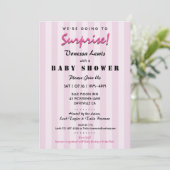 Surprise Baby shower Pink Stripes Invitation Kaart (Staand voorkant)