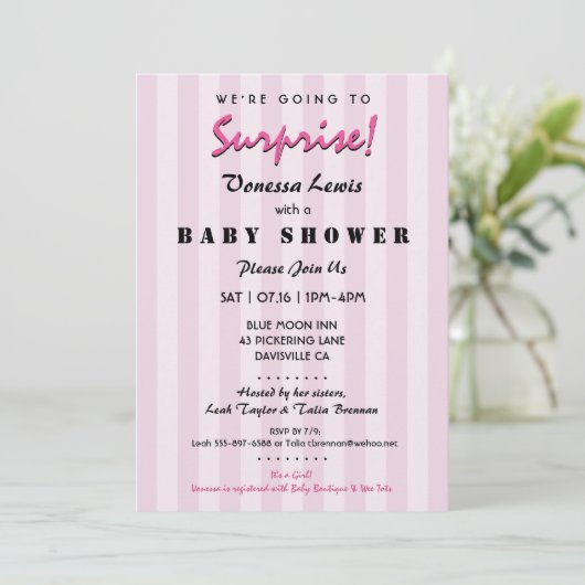 Surprise Baby shower Pink Stripes Invitation Kaart (Staand voorkant)