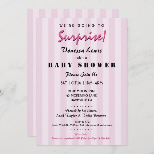 Surprise Baby shower Pink Stripes Invitation Kaart (Voorkant / Achterkant)