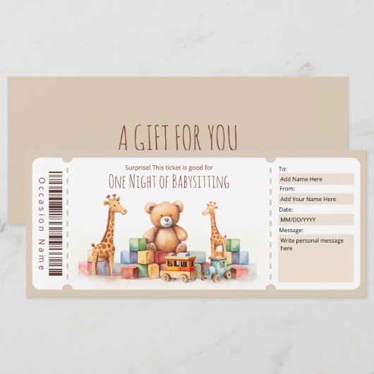 Surprise Babysitten Voucher Sjabloon Kaart (Voorkant / Achterkant)