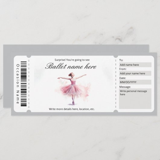 Surprise Ballet Ticket Gift Sjabloon Kaart (Voorkant / Achterkant)