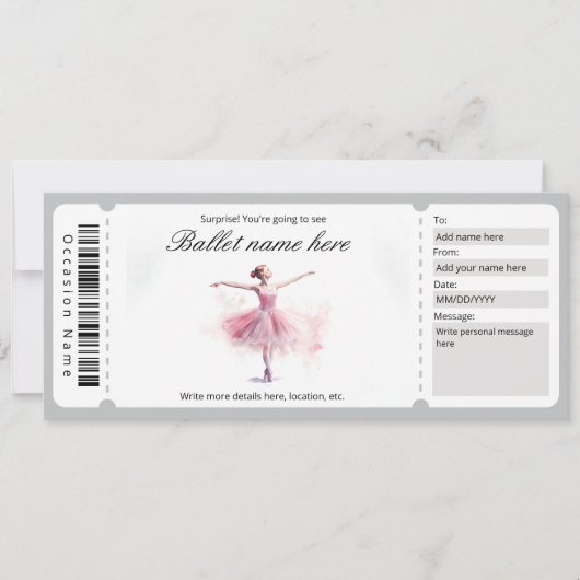 Surprise Ballet Ticket Gift Sjabloon Kaart (Voorkant)