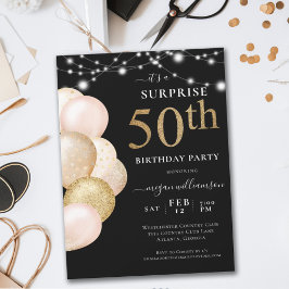 Surprise Ballon Black Gold 50th Birthday Kaart