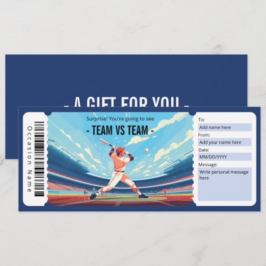 Surprise Baseball Game Ticket Cadeaubon Kaart (Voorkant / Achterkant)