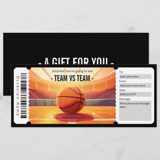 Surprise Basketbal Game Ticket Cadeaubon Kaart (Voorkant / Achterkant)