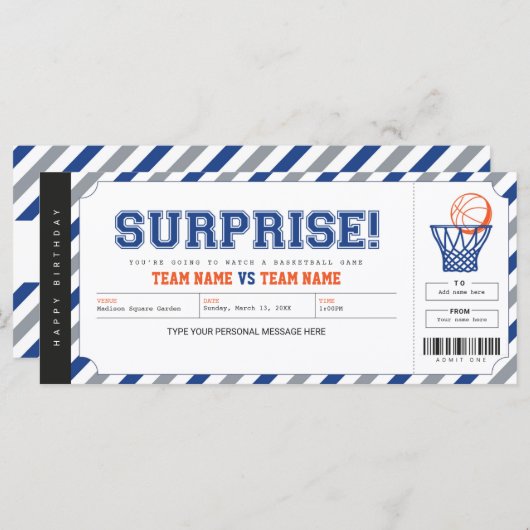 Surprise Basketball Game Stadium Gift Ticket (Voorkant / Achterkant)