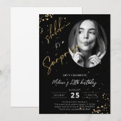 Surprise Birthday Black Gold Photo Invitation Kaar Kaart (Voorkant / Achterkant)