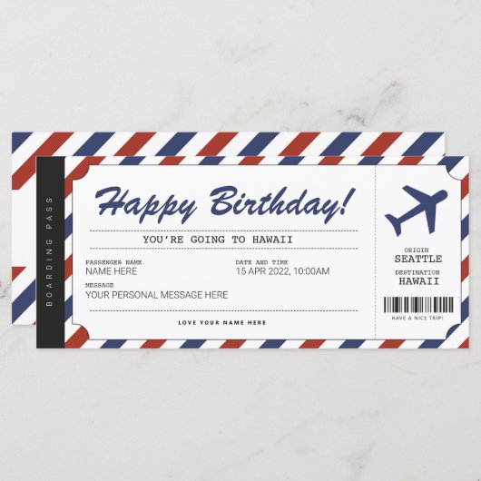 Surprise Birthday boarding Pass Plane Cadeet Ticke (Voorkant / Achterkant)