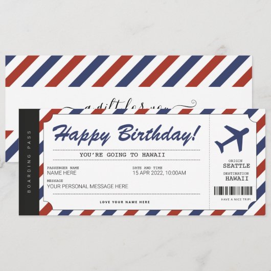 Surprise Birthday boarding Pass Plane Cadeet Ticke Kaart (Voorkant / Achterkant)