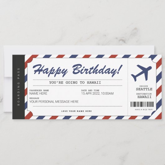 Surprise Birthday boarding Pass Plane Cadeet Ticke Kaart (Voorkant)
