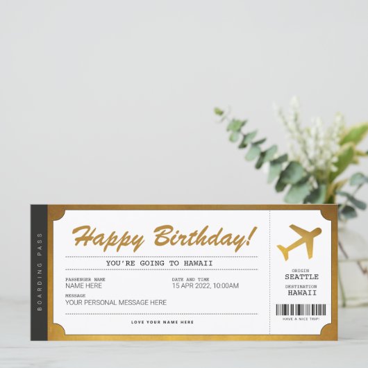 Surprise Birthday boarding Pass Plane Gold Ticket (Staand voorkant)