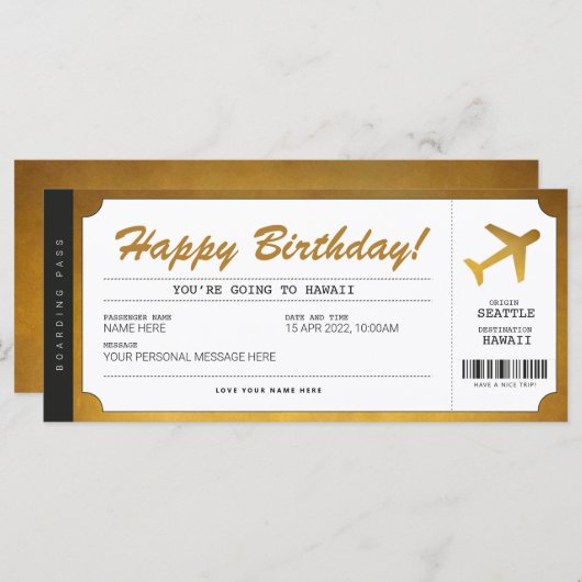 Surprise Birthday boarding Pass Plane Gold Ticket (Voorkant / Achterkant)