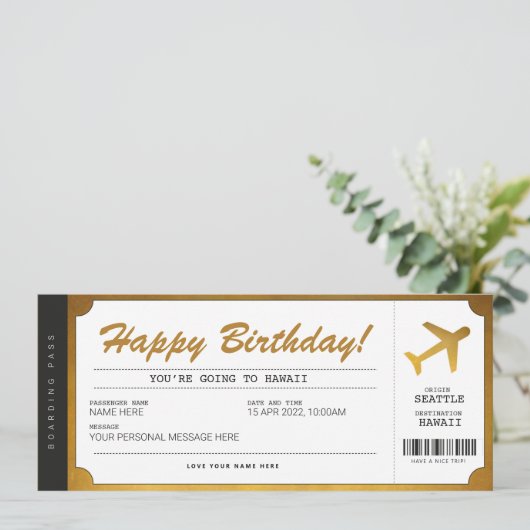 Surprise Birthday boarding Pass Plane Gold Ticket Kaart (Staand voorkant)