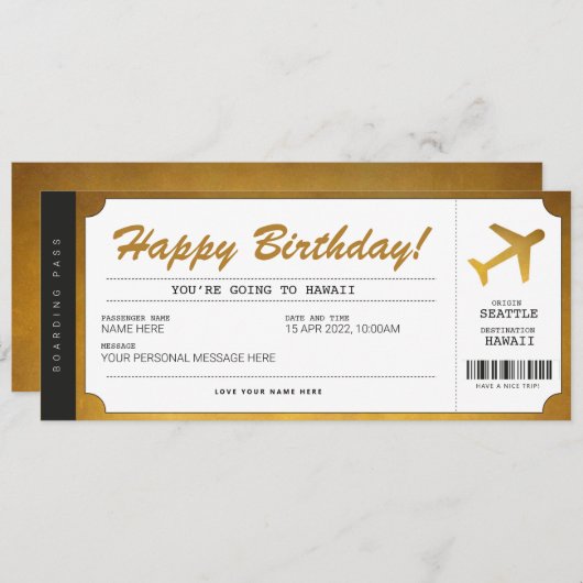 Surprise Birthday boarding Pass Plane Gold Ticket Kaart (Voorkant / Achterkant)