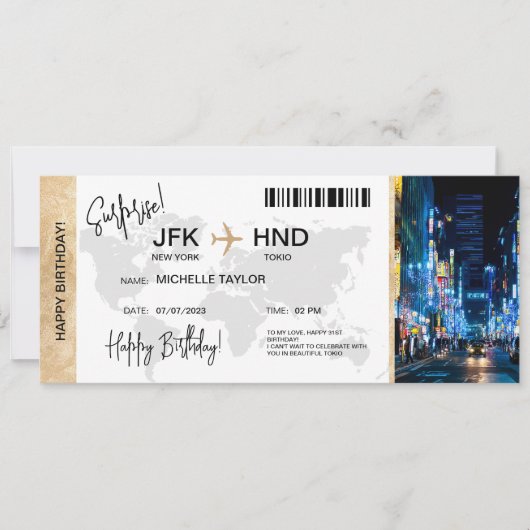 Surprise Birthday Boarding Pass Tokio Trip Ticket Kaart (Voorkant)