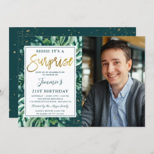Surprise Birthday Chic Greenery Gold Glitter Foto Kaart