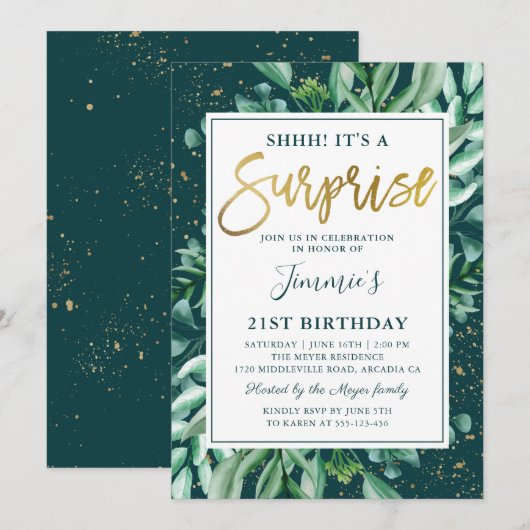 Surprise Birthday Chic Greenery Gold Glitter Kaart (Voorkant / Achterkant)
