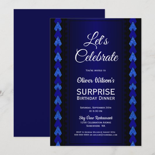 Surprise Birthday Dinner Black en Blue Party Kaart (Voorkant / Achterkant)