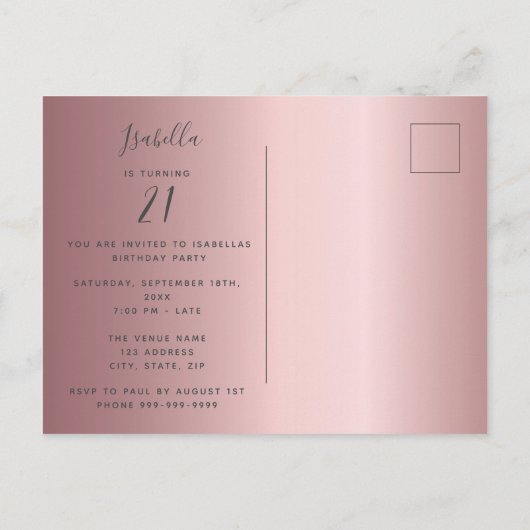 Surprise Birthday dusty roos roze fotouitnodiging Briefkaart (Achterkant)