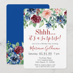 Surprise Birthday Navy Blue Burgundy Party Kaart