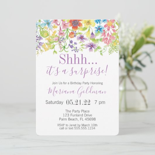 Surprise Birthday Paarse Wildbloemen Party Kaart (Staand voorkant)