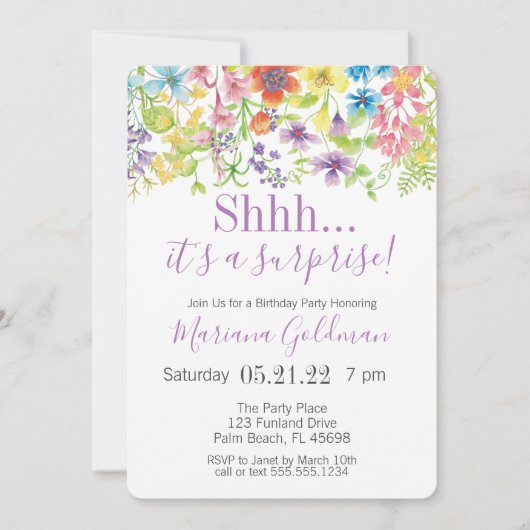 Surprise Birthday Paarse Wildbloemen Party Kaart (Voorkant)