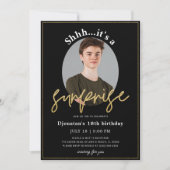 Surprise Birthday Party Black Gold Invitation Kaar Kaart (Voorkant)