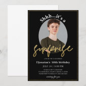 Surprise Birthday Party Black Gold Invitation Kaar Kaart (Voorkant / Achterkant)