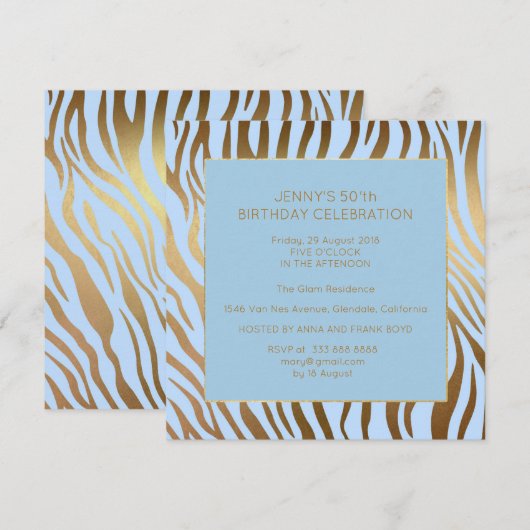 Surprise Birthday Party Blue Gold Zebra Kaart (Voorkant / Achterkant)