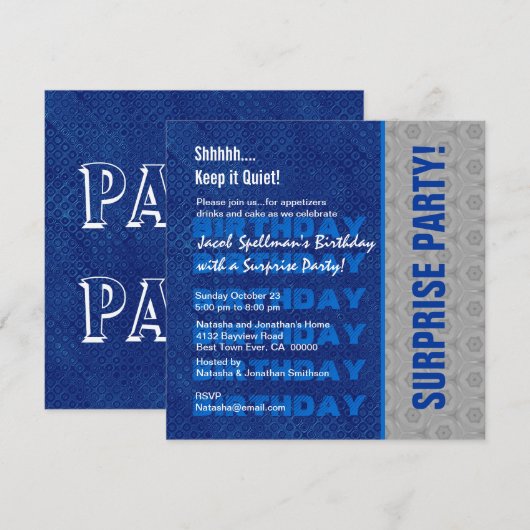 Surprise Birthday Party Blue Silver Kaart (Voorkant / Achterkant)