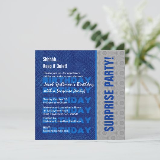 Surprise Birthday Party Blue Silver Kaart (Staand voorkant)