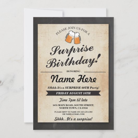 Surprise Birthday Party Chalk Beers Invitation Kaart (Voorkant)