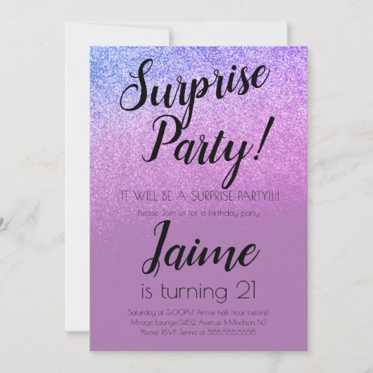 Surprise Birthday Party Glitter Paars Ombre Kaart (Voorkant)