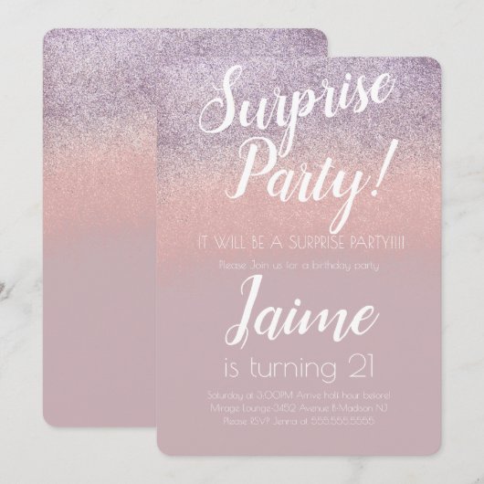 Surprise Birthday Party Glitter Pink Ombre Kaart (Voorkant / Achterkant)