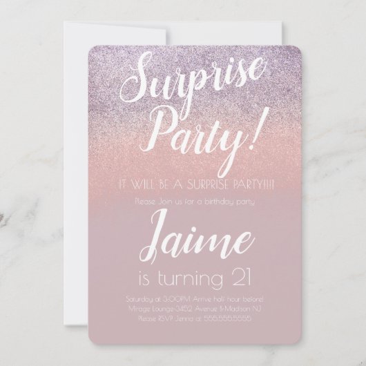 Surprise Birthday Party Glitter Pink Ombre Kaart (Voorkant)