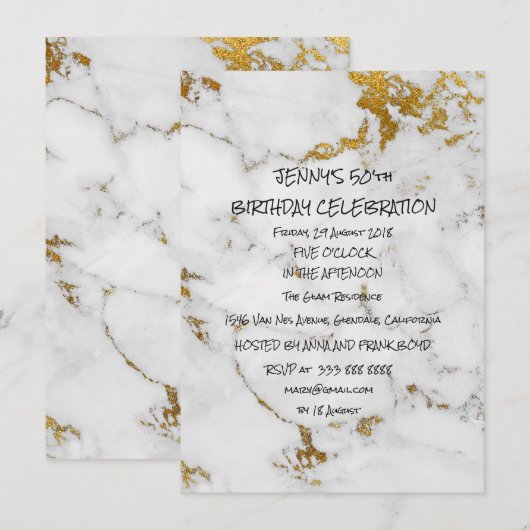 Surprise Birthday Party Golden Brushes Marble Glam Kaart (Voorkant / Achterkant)