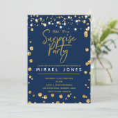 Surprise Birthday Party Invitation card Navy Gold Kaart (Staand voorkant)