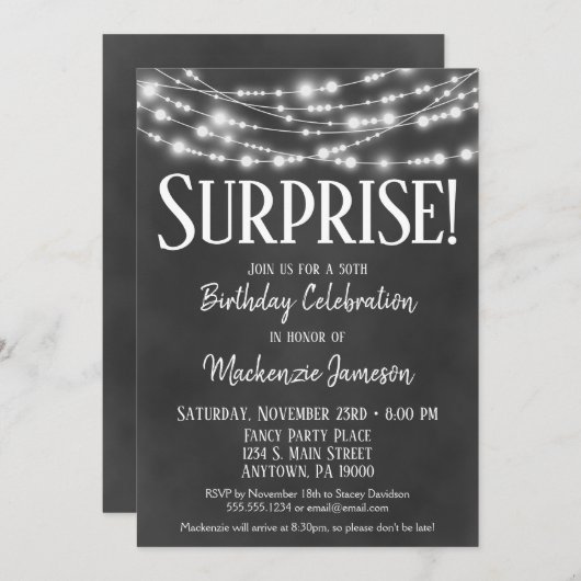 Surprise Birthday Party Invitation Chalkboard Kaart (Voorkant / Achterkant)