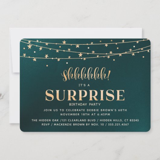 Surprise Birthday Party Invitation, goud Kaart (Voorkant)